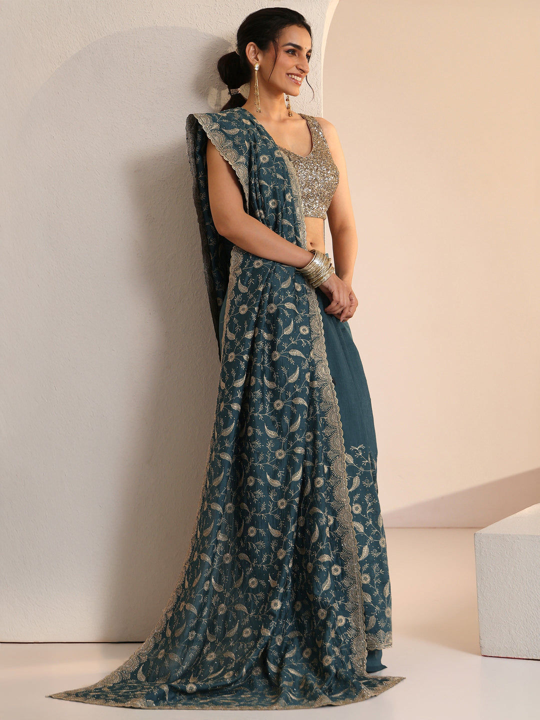  Libas Teal Green Floral Embroidered Silk Blend Saree 