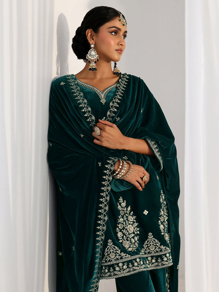 Libas Teal Green Floral Embroidered Velvet Straight Suit Set