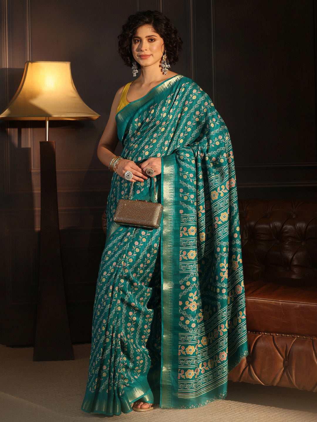 Libas Teal Green Floral Printed Silk Blend Saree