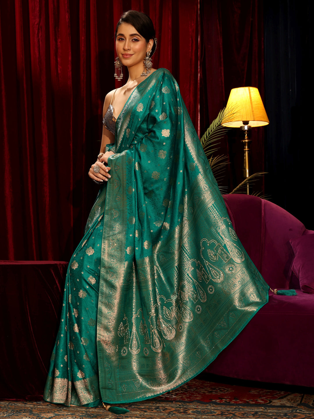 Libas Teal Green Floral Woven Design Embellished Silk Blend Saree