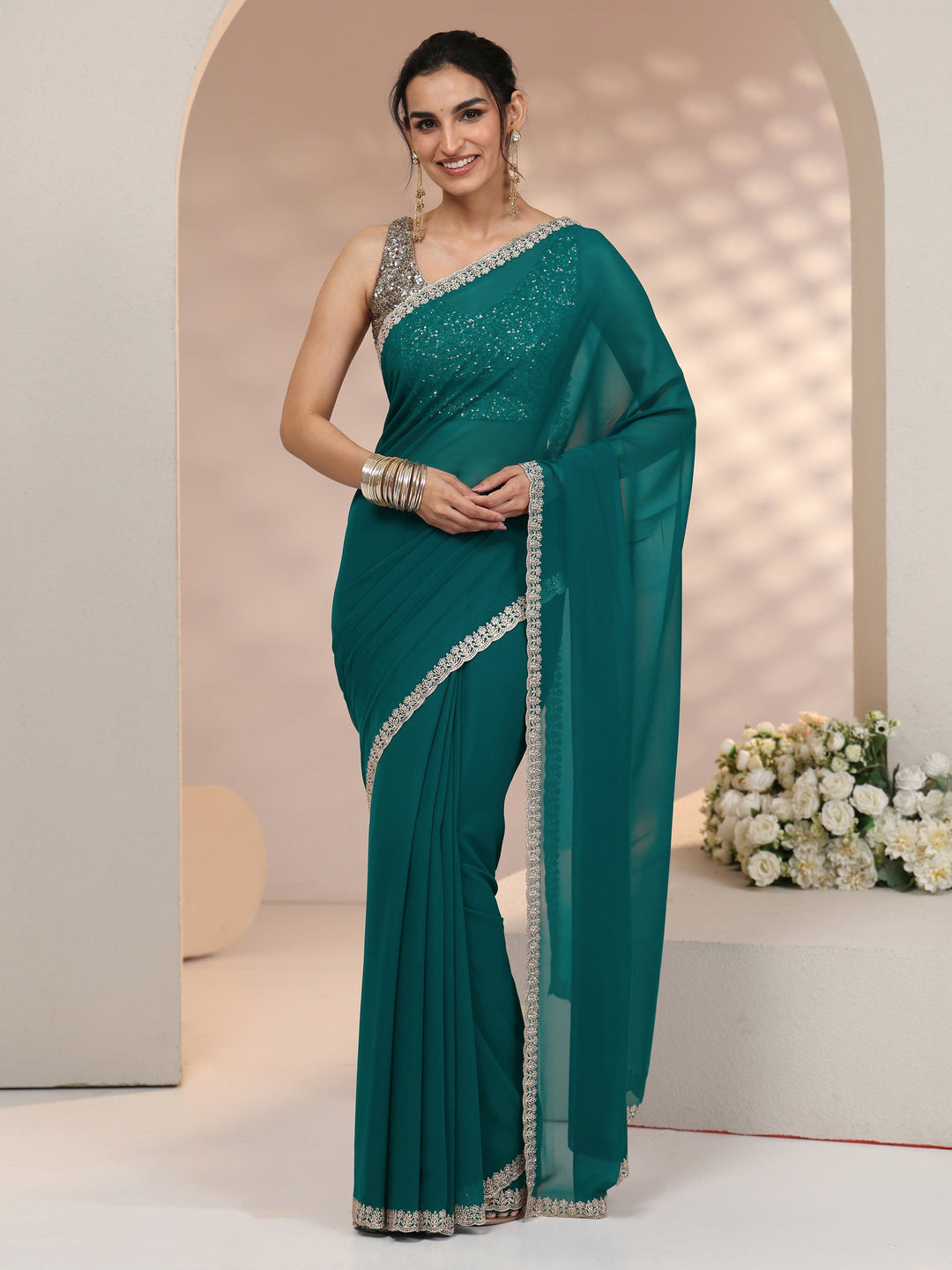  Libas Teal Green Georgette Saree with Embroidered Border 