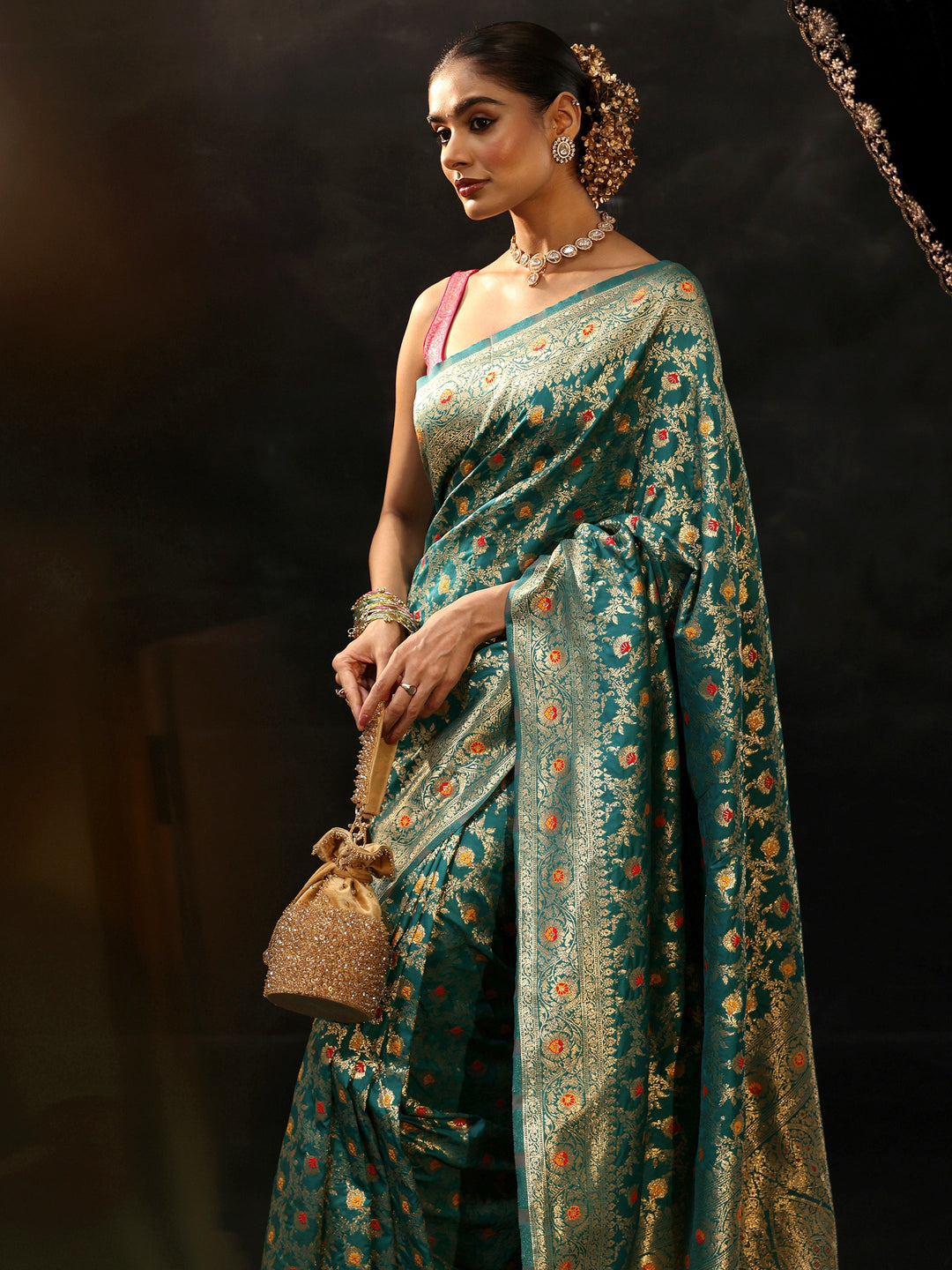  Libas Teal Green Meenakari Banarasi Silk Blend Saree 
