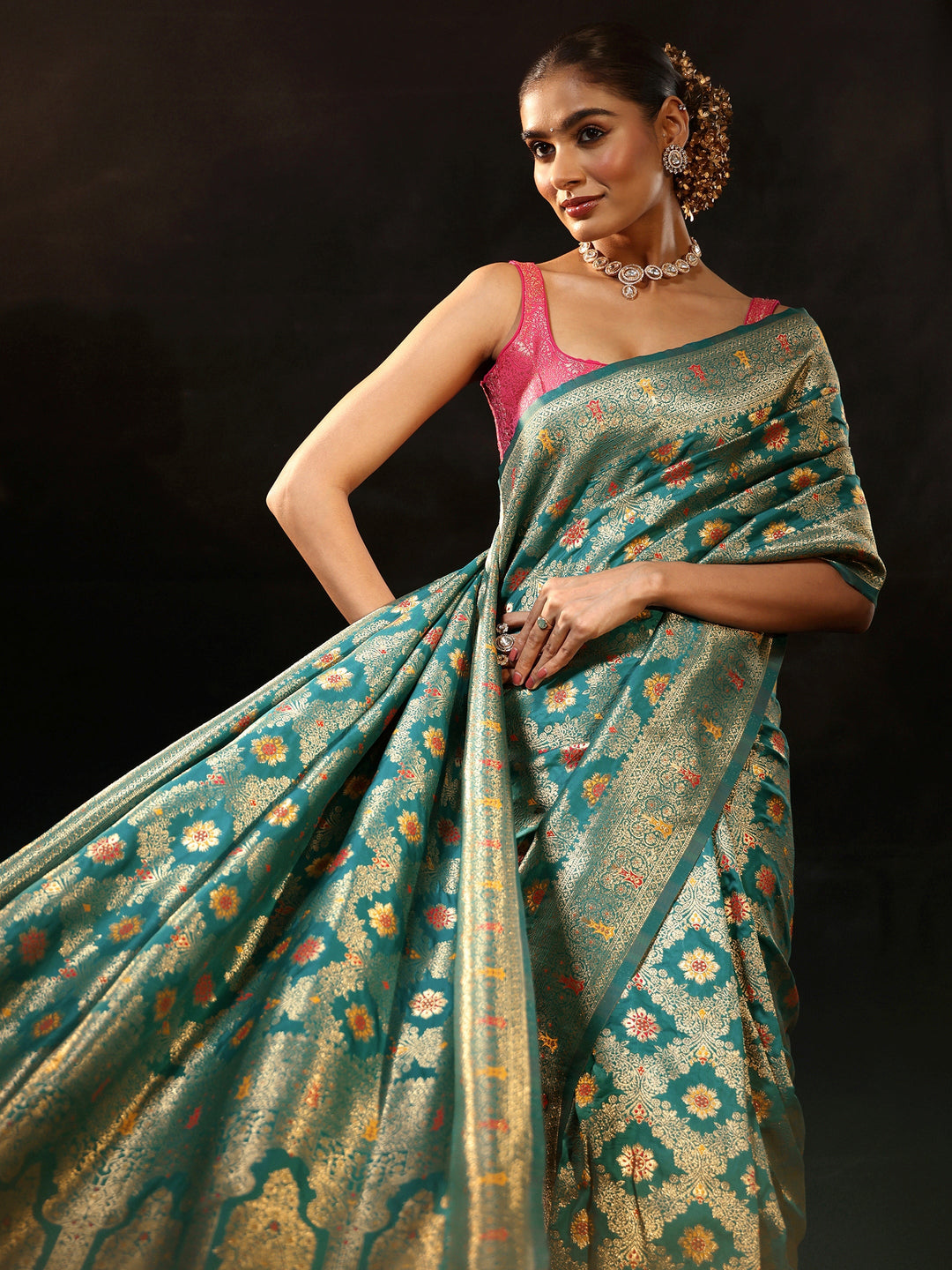  Libas Teal Green Meenakari Banarasi Silk Blend Saree 
