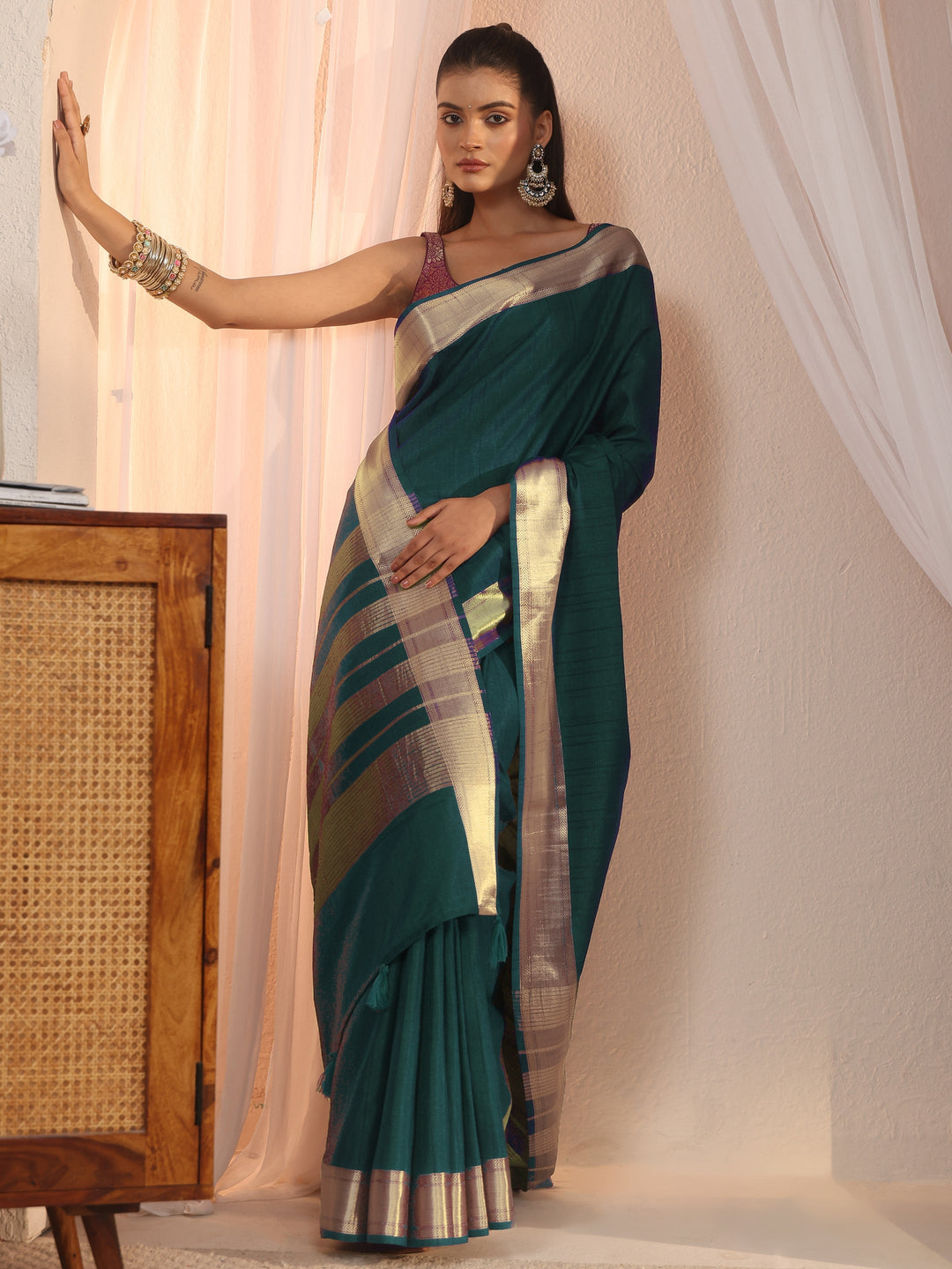  Libas Teal Green Woven Border Silk Blend Tassel Saree 