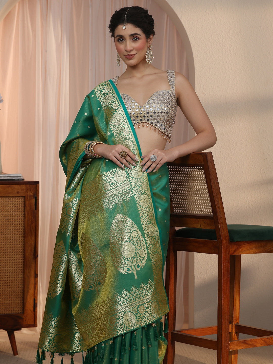  Libas Teal Green Woven Design Satin Tassel Saree 