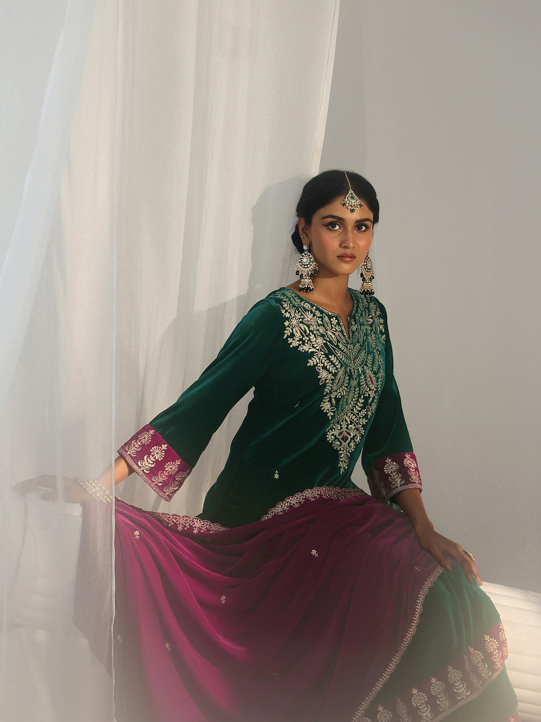  Libas Teal Green Yoke Design Velvet Straight Suit Set 