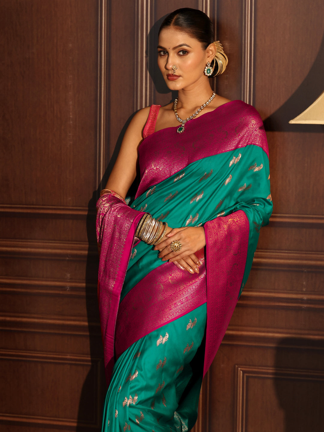 Libas Teal Green and Pink Peacock Woven Design Silk Blend Saree