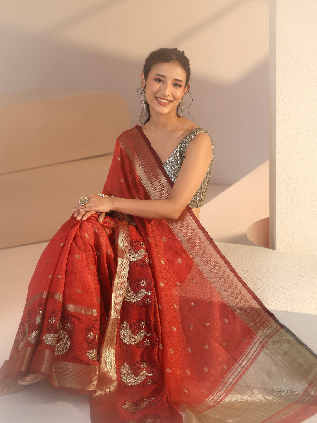  Libas Terracotta Red Peacock Motif Chanderi Silk Saree 