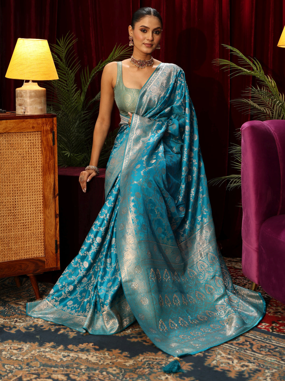 Libas Turquoise Blue Banarasi Silk Blend Saree
