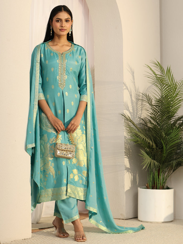 Libas Turquoise Blue Floral Embroidered Silk Blend Straight Suit Set