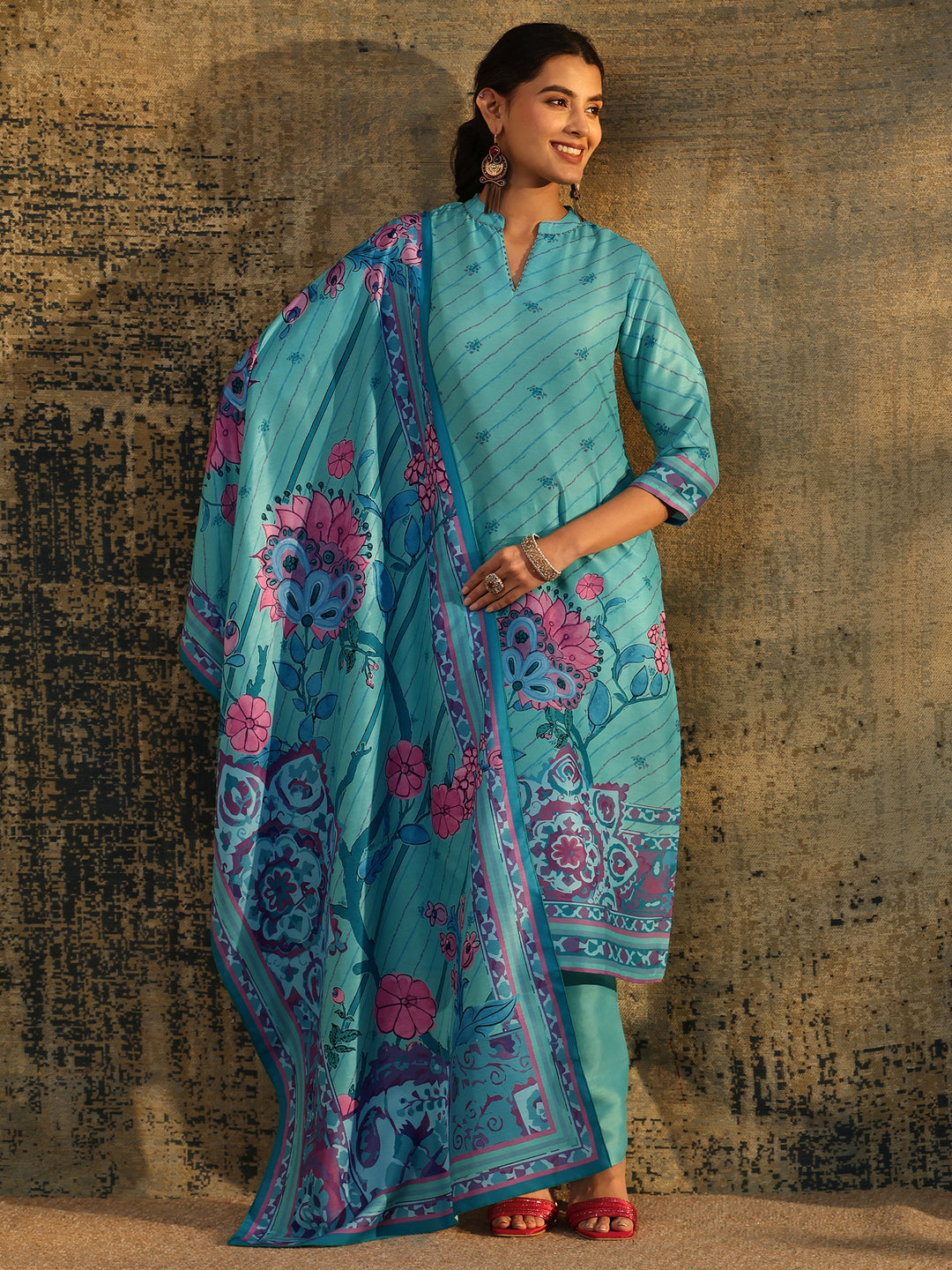  Libas Turquoise Blue Floral Printed  Muslin Straight Suit Set 