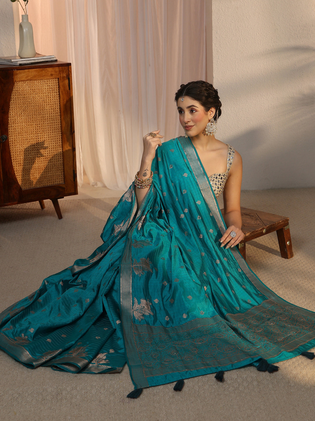  Libas Turquoise Blue Woven Design Mirror Work Silk Blend Saree 