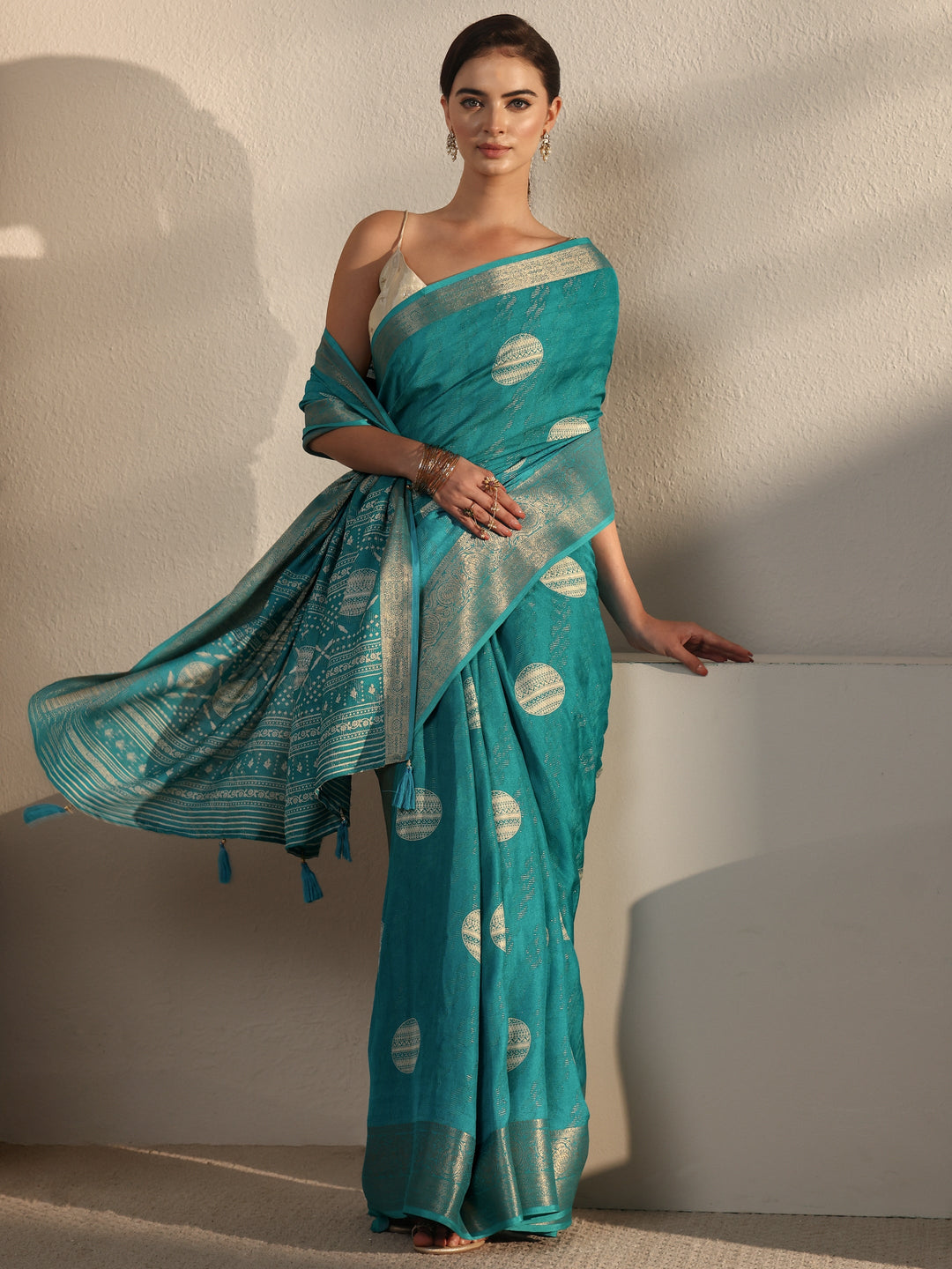 Libas Turquoise Blue Woven Design Silk Blend Tassel Saree