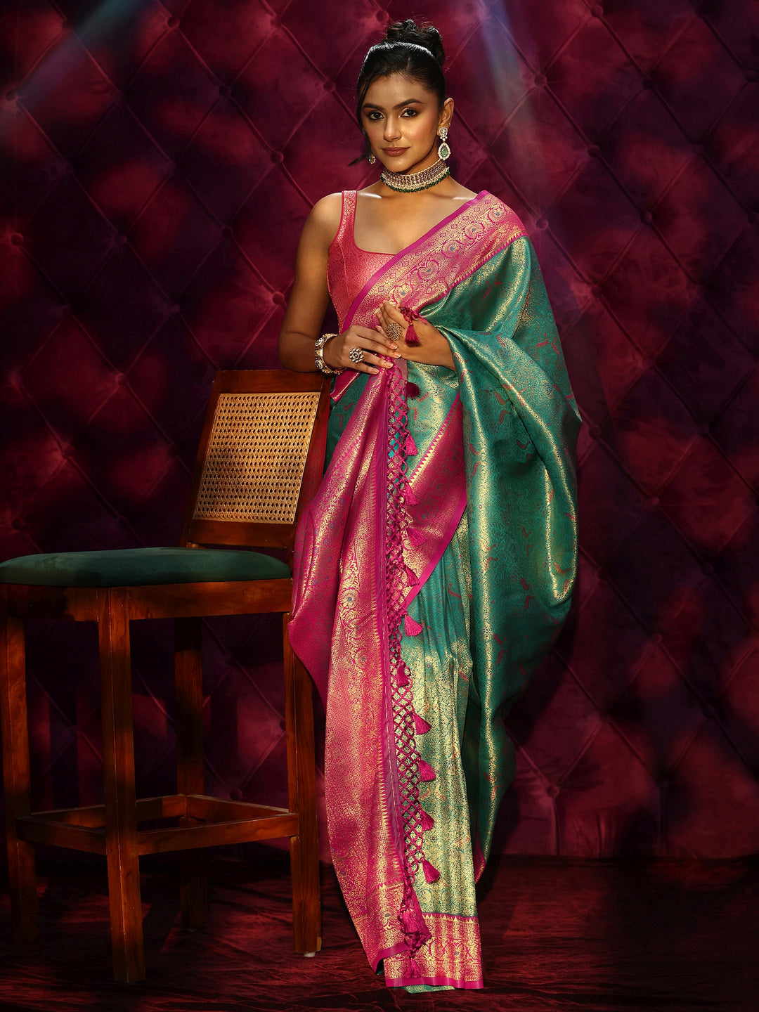 Libas Turquoise Blue and Pink Banarasi Silk Blend Saree
