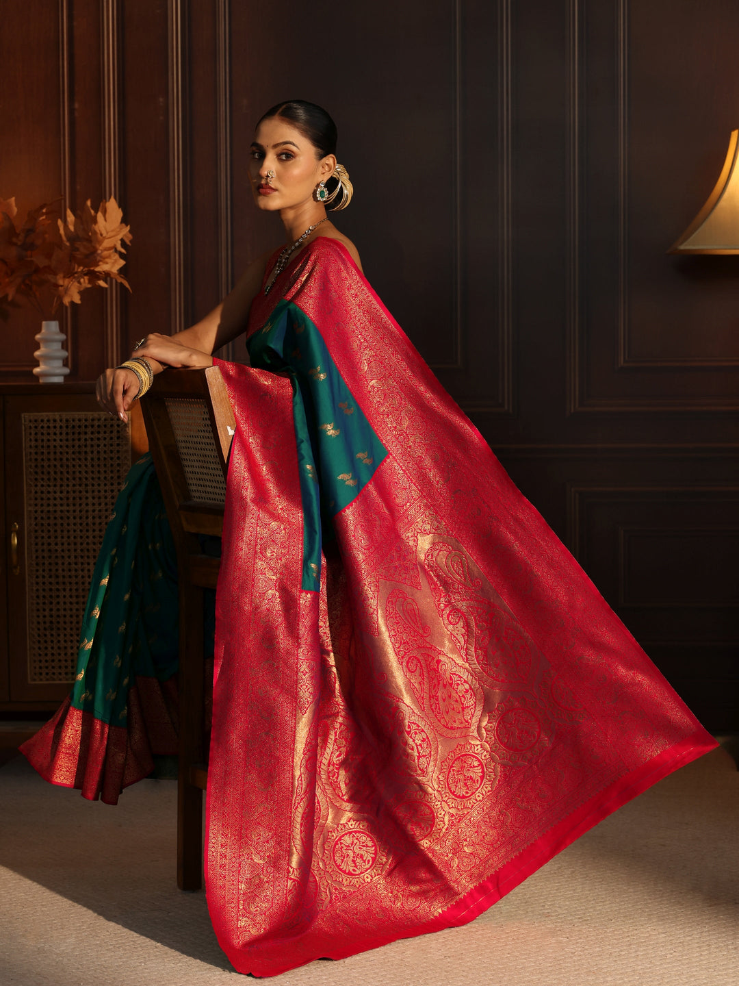 Libas Turquoise Blue and Red Peacock Woven Design Silk Blend Saree