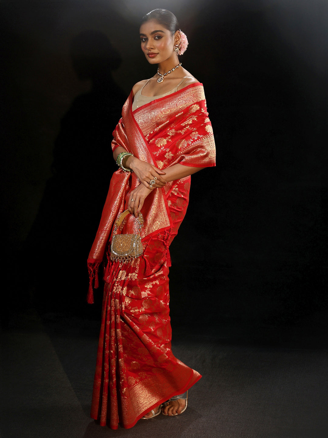  Libas Vermilion Red Banarasi Silk Blend Saree 