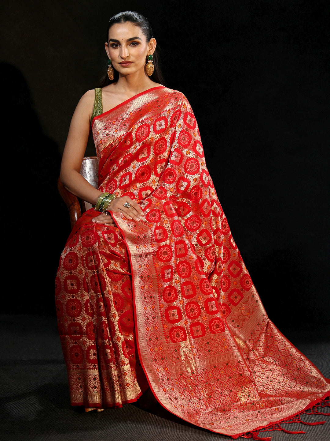  Libas Vermilion Red Banarasi Silk Blend Saree 