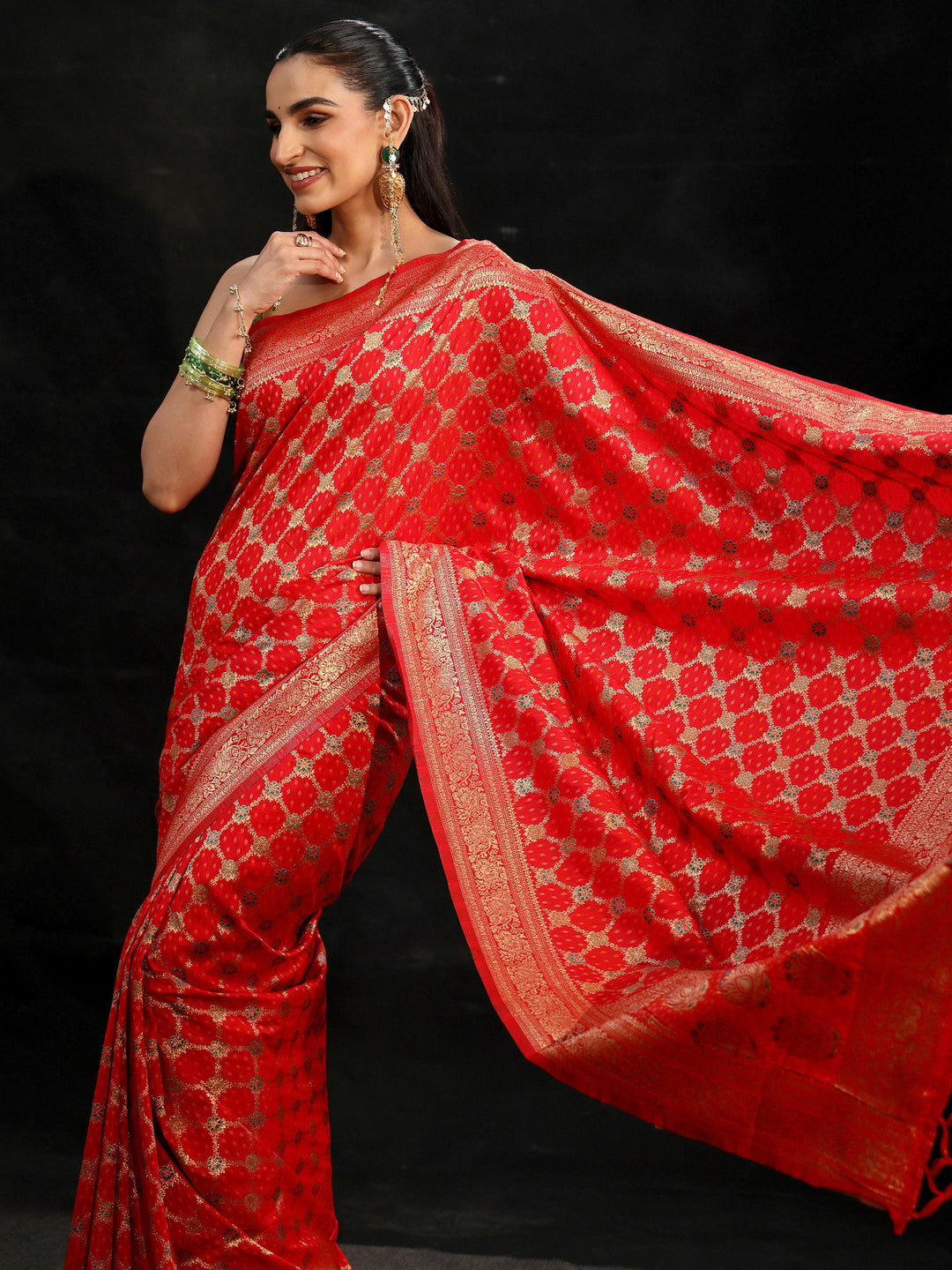  Libas Vermilion Red Banarasi Silk Blend Saree 