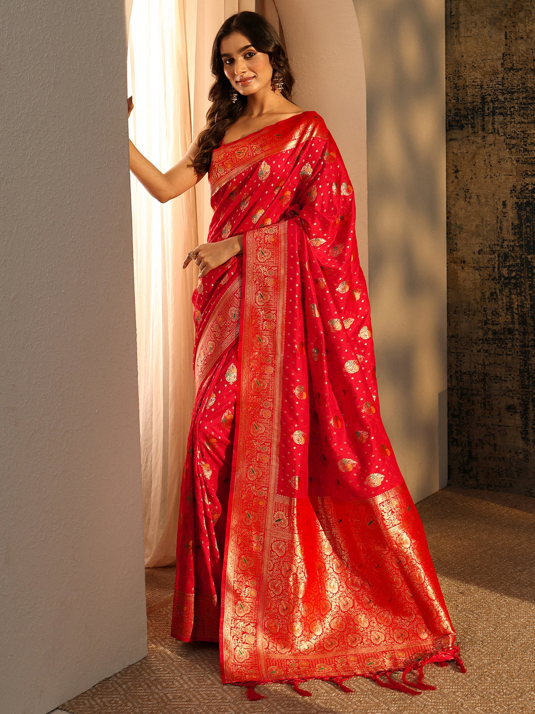  Libas Vermilion Red Banarasi Silk Blend Saree 