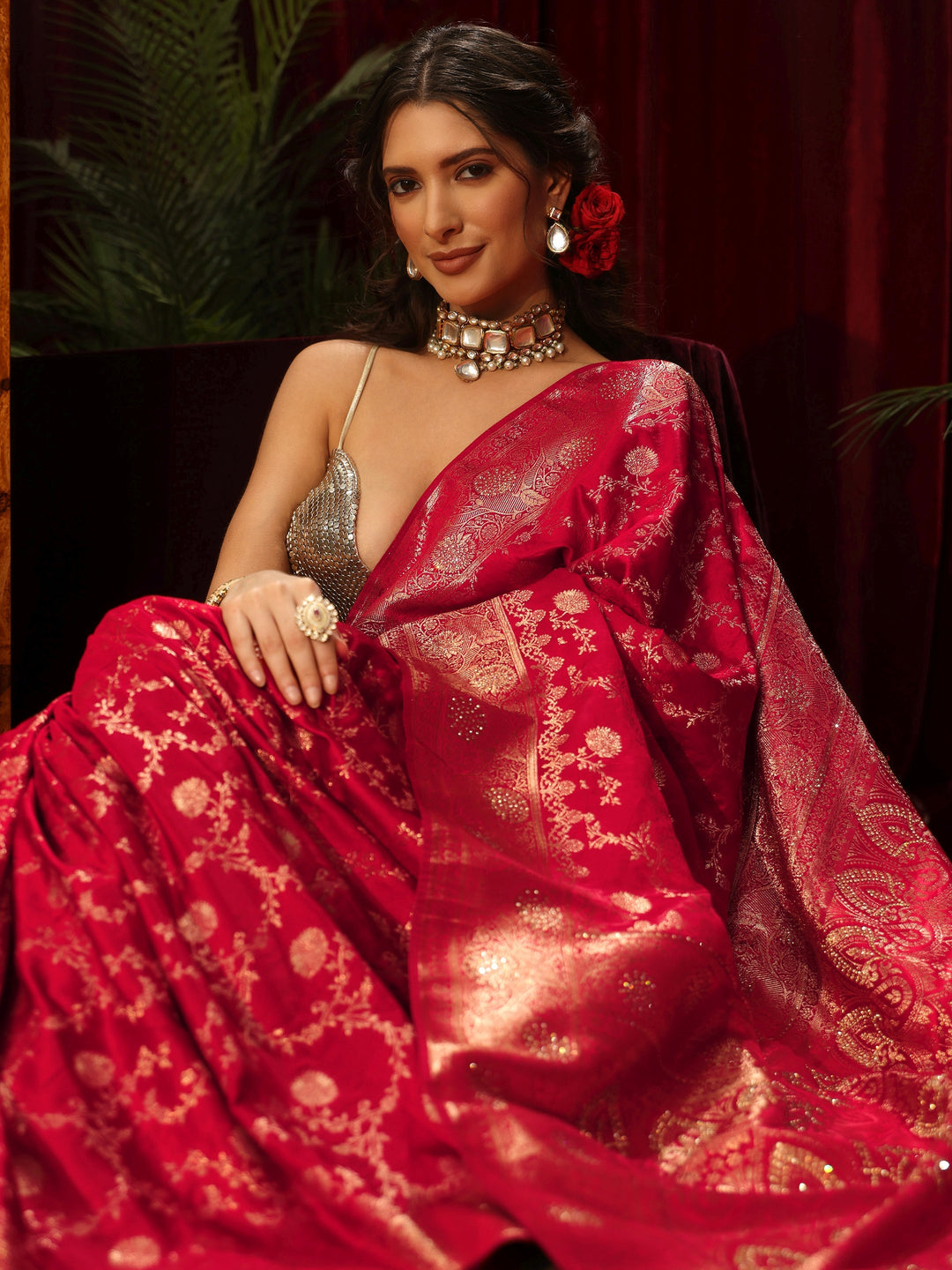 Libas Vermilion Red Banarasi Silk Blend Saree