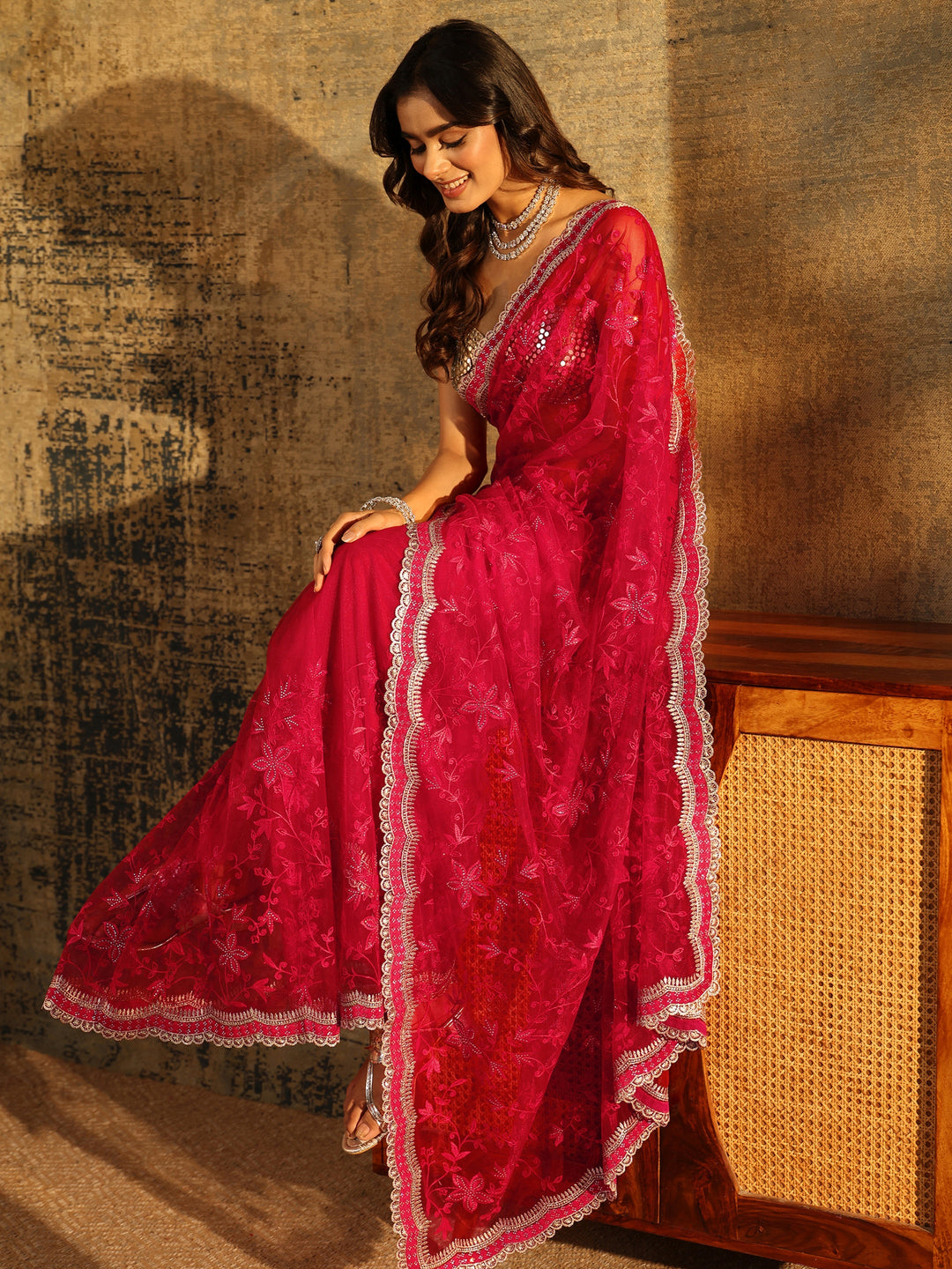  Libas Vermilion Red Floral Embroidered Net Saree 