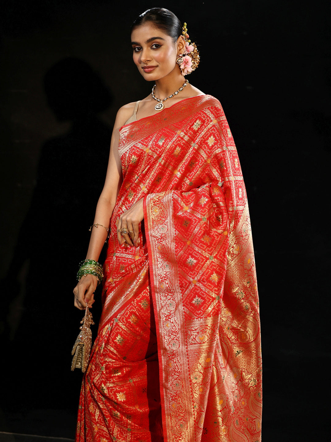  Libas Vermilion Red Gharchola Silk Blend Saree 