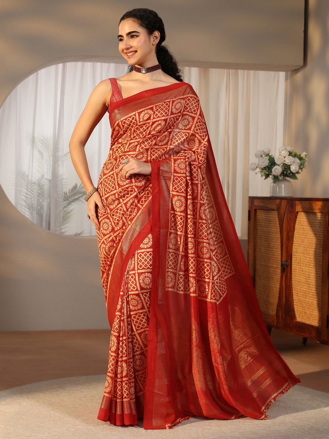  Libas Vermilion Red Printed Silk Blend Saree 