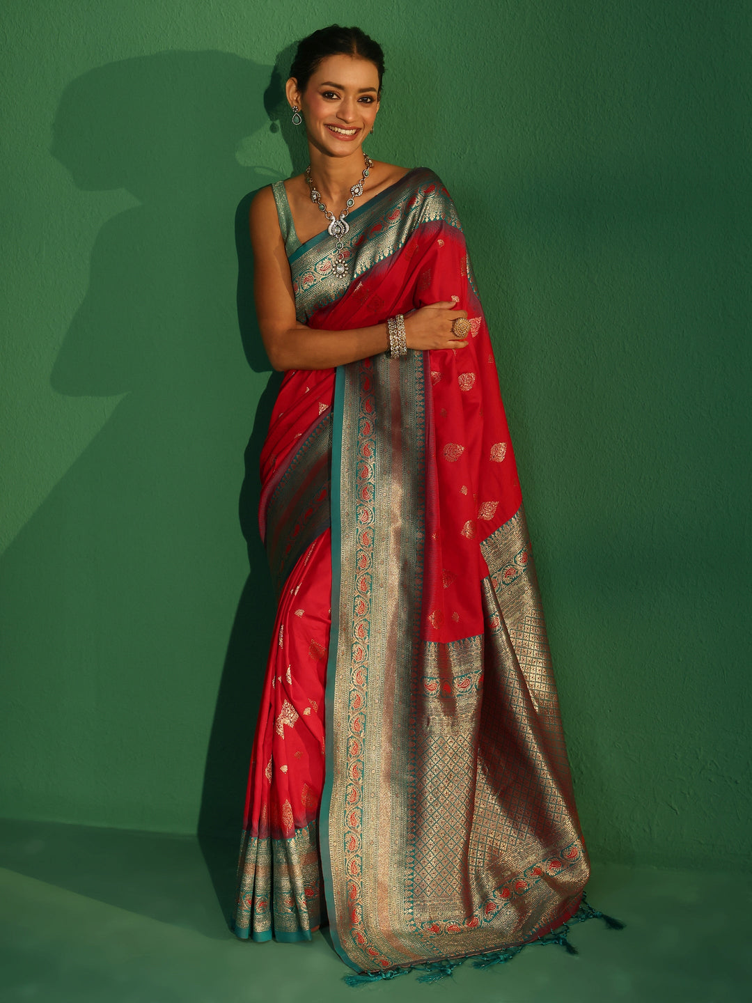  Libas Vermillion Red Banarasi Silk Blend Saree 