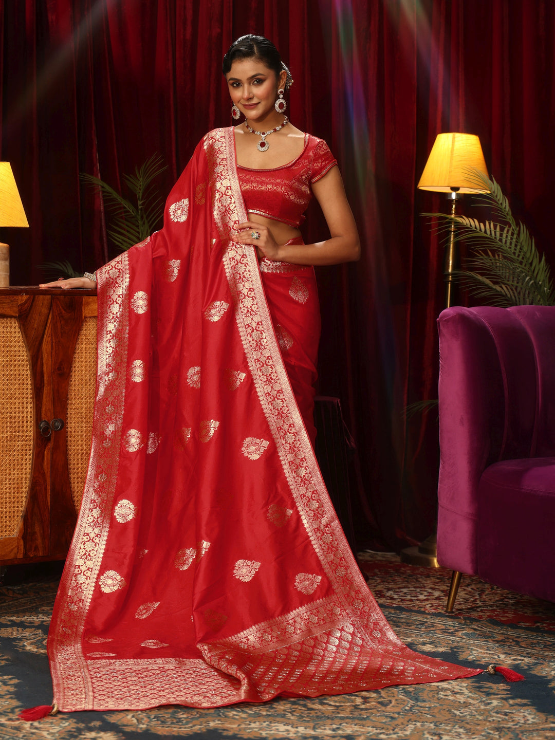 Libas Vermillion Red Woven Design Embellished Silk Blend Saree