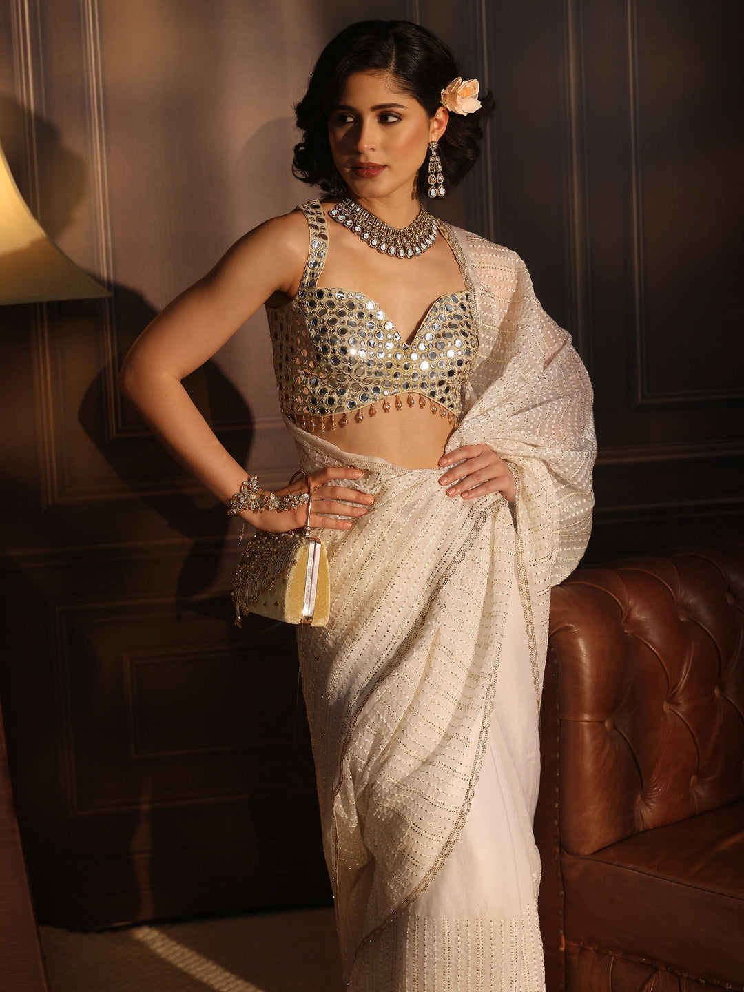 Libas White Embellished Tissue Saree
