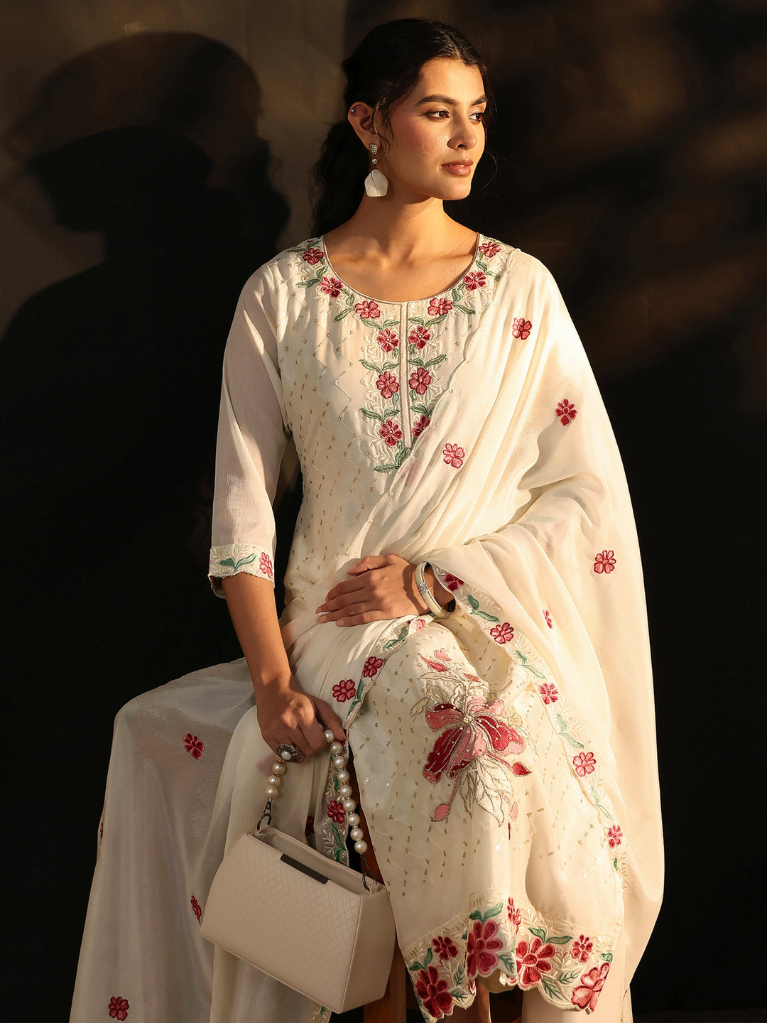  Libas White Floral Chevron Printed Chinon Straight Suit Set 
