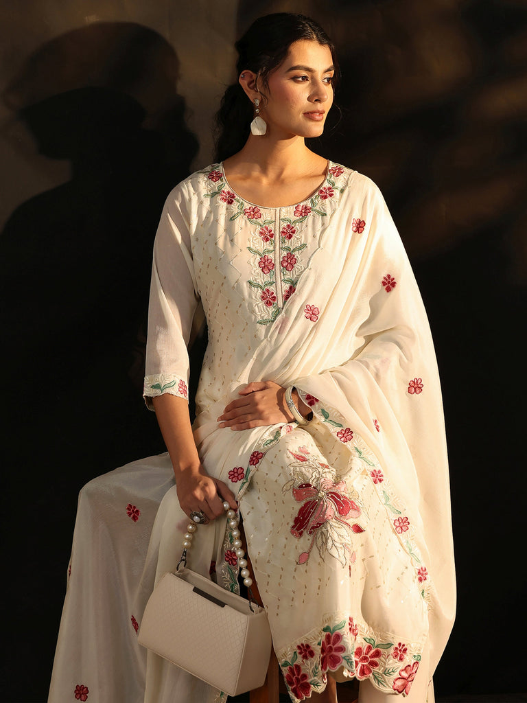 Libas White Floral Chevron Printed Chinon Straight Suit Set