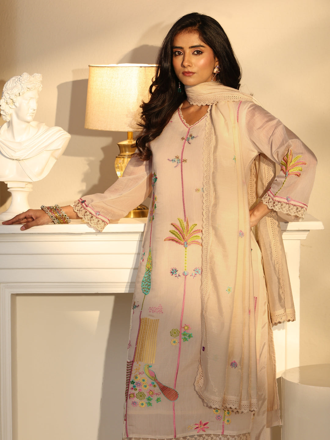  Libas White Floral Embroidered Chanderi Cotton Straight Suit Set 