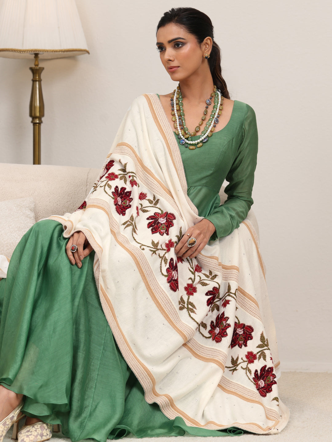  Libas White Floral Knitted Acrylic Wrap Shawl 