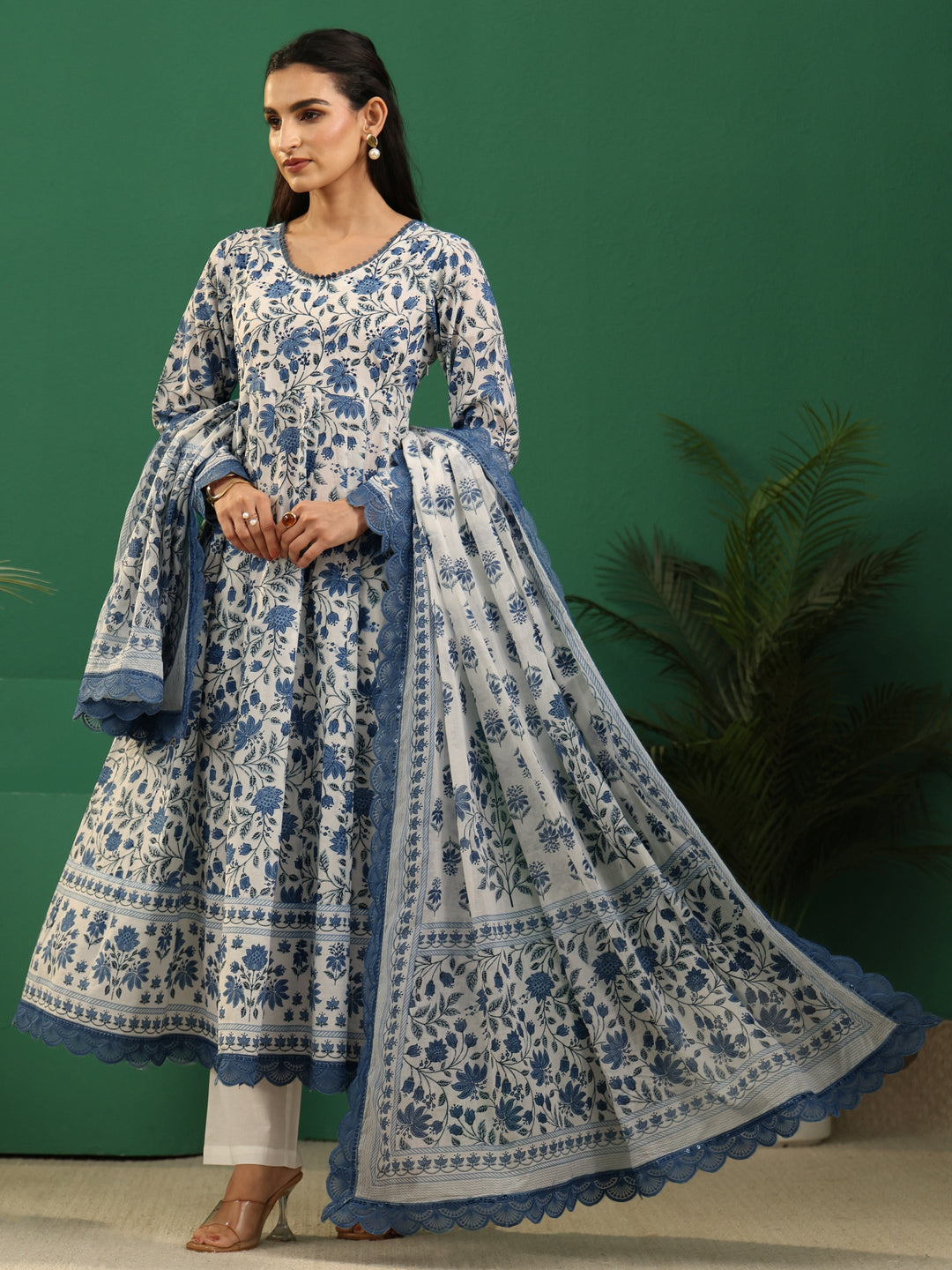  Libas White Floral Printed Cotton Anarkali Suit Set 
