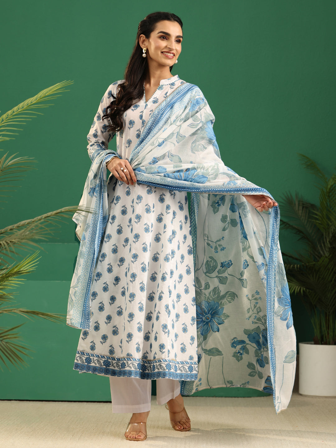  Libas White Floral Printed Cotton Anarkali Suit Set 