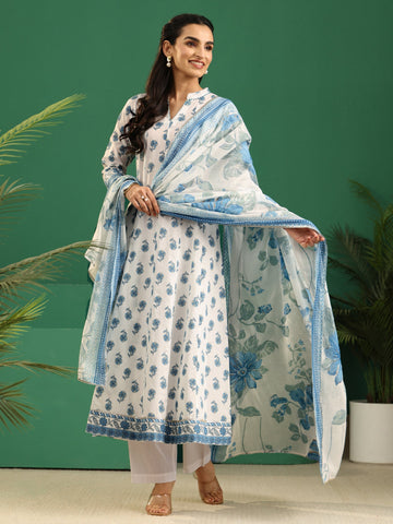 Libas White Floral Printed Cotton Anarkali Suit Set