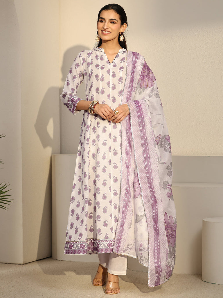 Libas White Floral Printed Cotton Anarkali Suit Set