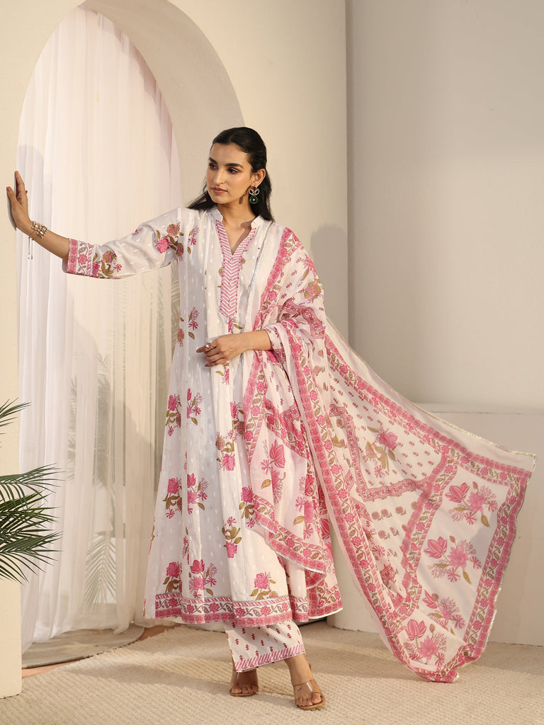 Libas White Floral Printed Cotton Anarkali Suit Set