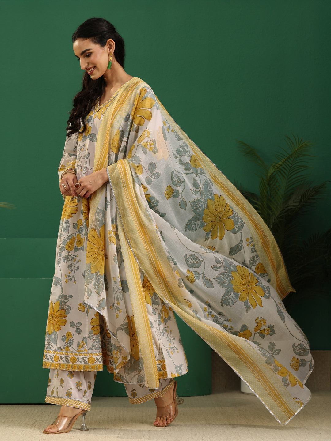  Libas White Floral Printed Cotton Anarkali Suit Set 