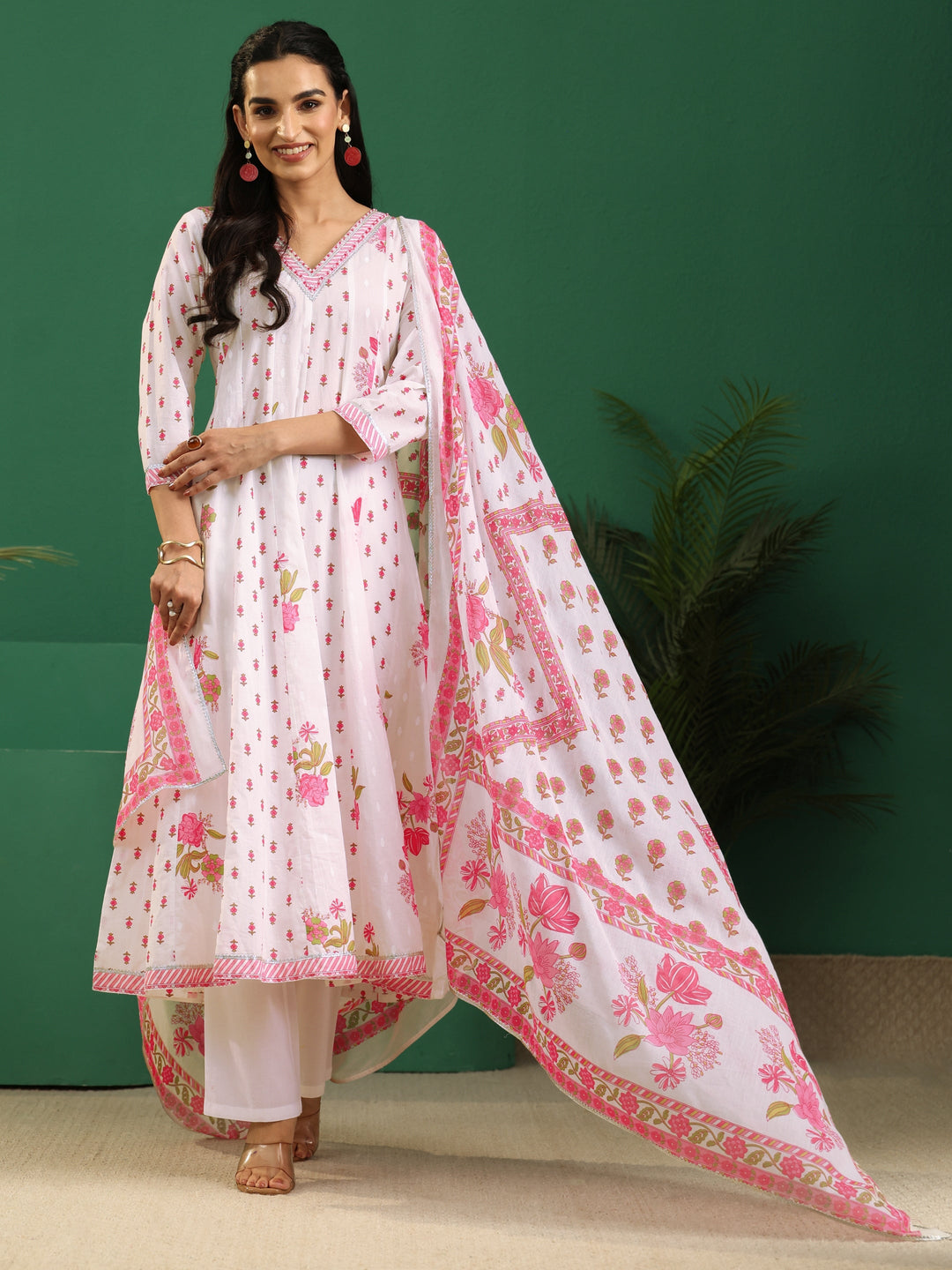  Libas White Floral Printed Cotton Anarkali Suit Set 