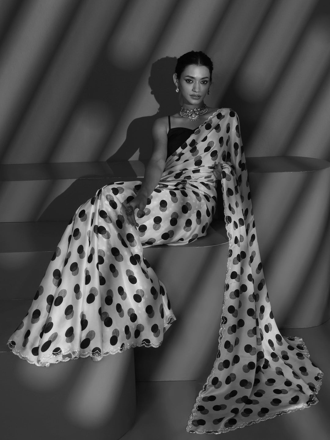  Libas White Polka Dot Print Tissue Saree 