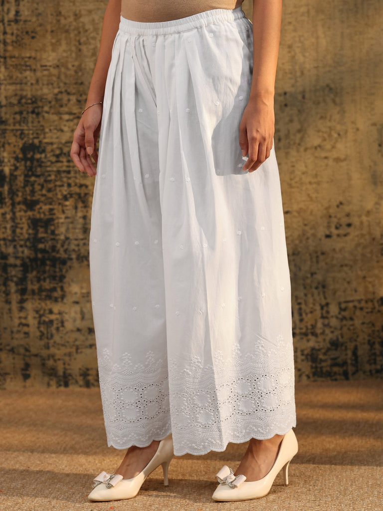 Libas White Schiffli Embroidered Wide Leg Palazzo