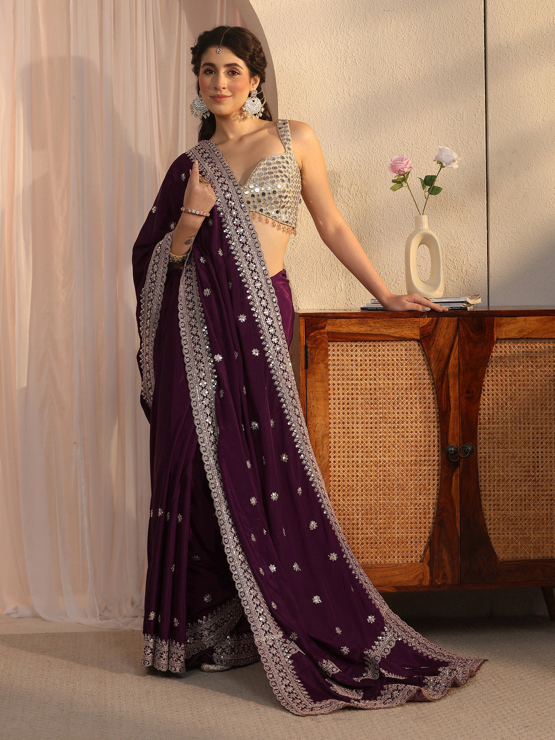  Libas Wine Embroidered Satin Saree with Sequin Embellishments 