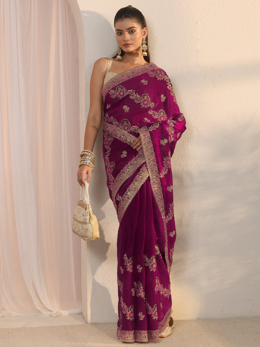  Libas Wine Floral Embroidered Tissue Saree 