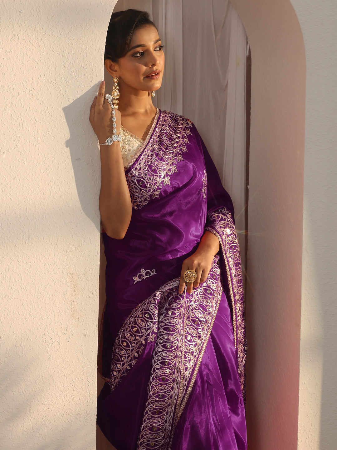Libas Wine Floral Sequin Embellished Satin Saree