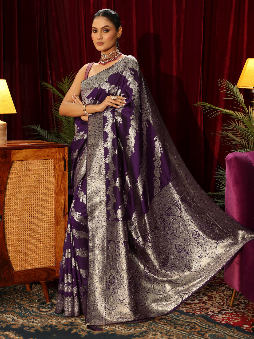  Libas Wine Floral Woven Design Silk Blend Saree 