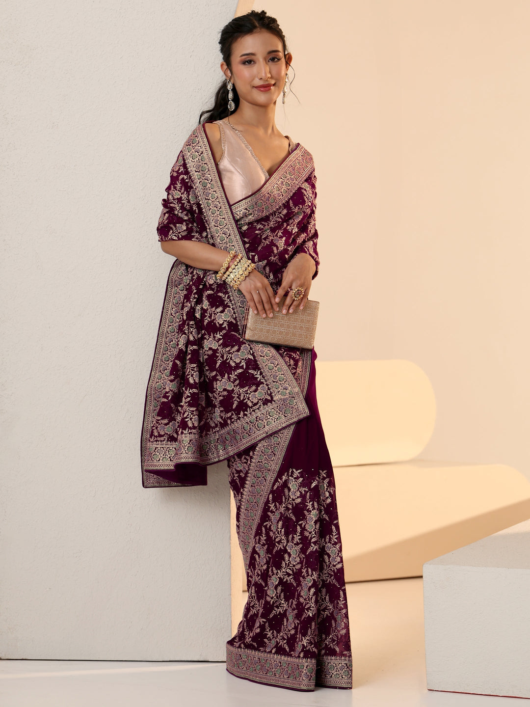  Libas Wine Red Floral  Embroidered Georgette Saree 