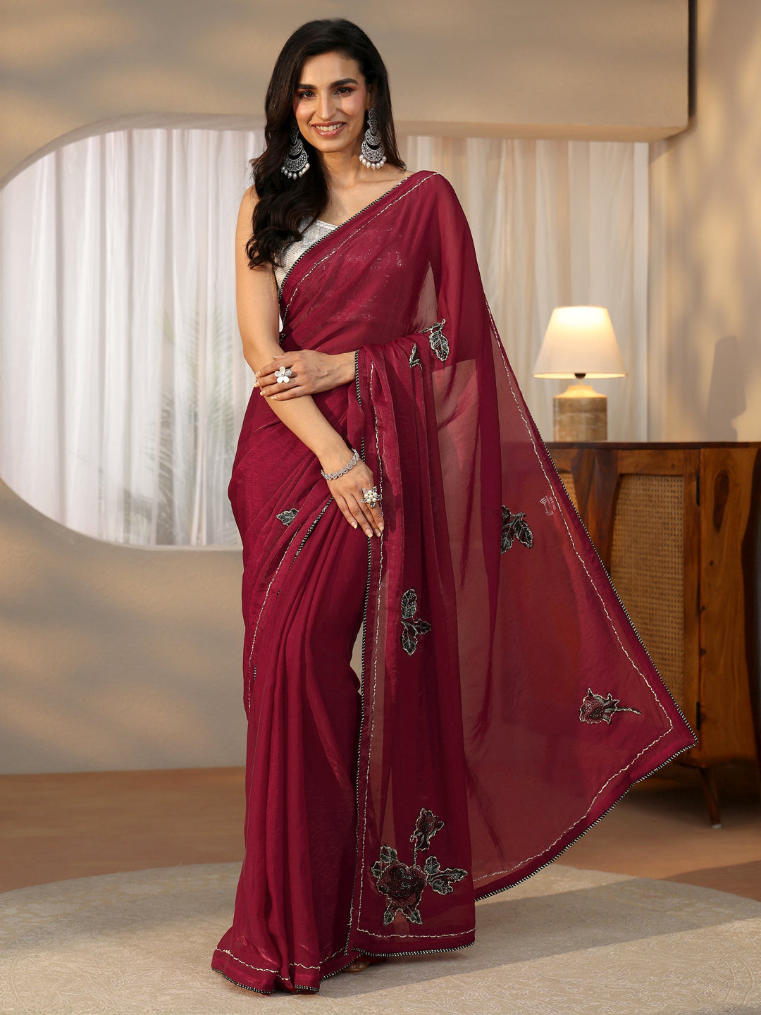  Libas Wine Red Floral Applique Design Satin Saree 