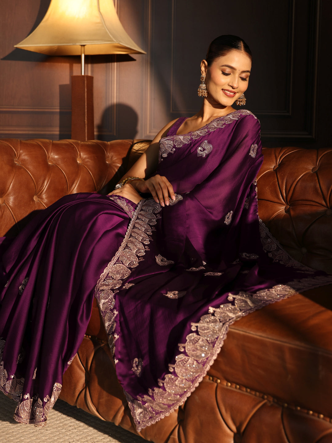 Libas Wine Stone Work Embellished Chiffon Saree